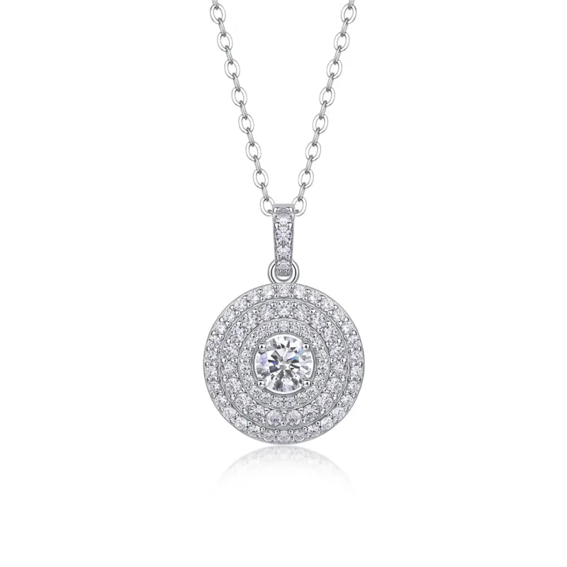 Moissanite 0.33 Cttw Round Shape White Cubic Zirconia Double Halo Pendant Necklace in 14K Gold Over Sterling Silver Wholesale MYP13582-5.0