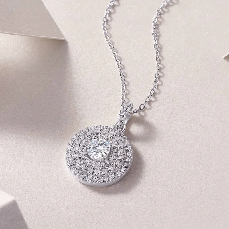 Moissanite 0.33 Cttw Round Shape White Cubic Zirconia Double Halo Pendant Necklace in 14K Gold Over Sterling Silver Wholesale MYP13582-5.0 - Image 3