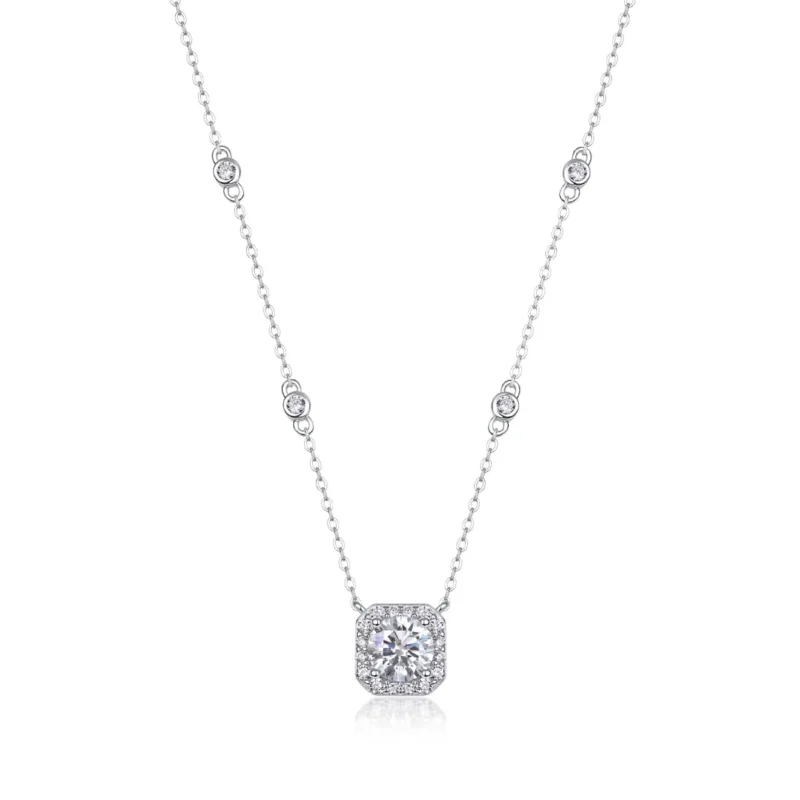 Moissanite Sterling Silver Rhod-pltd Square CZ Pendant w/2in 4-Station Necklace Wholesale 1CT MYN13297-6.5