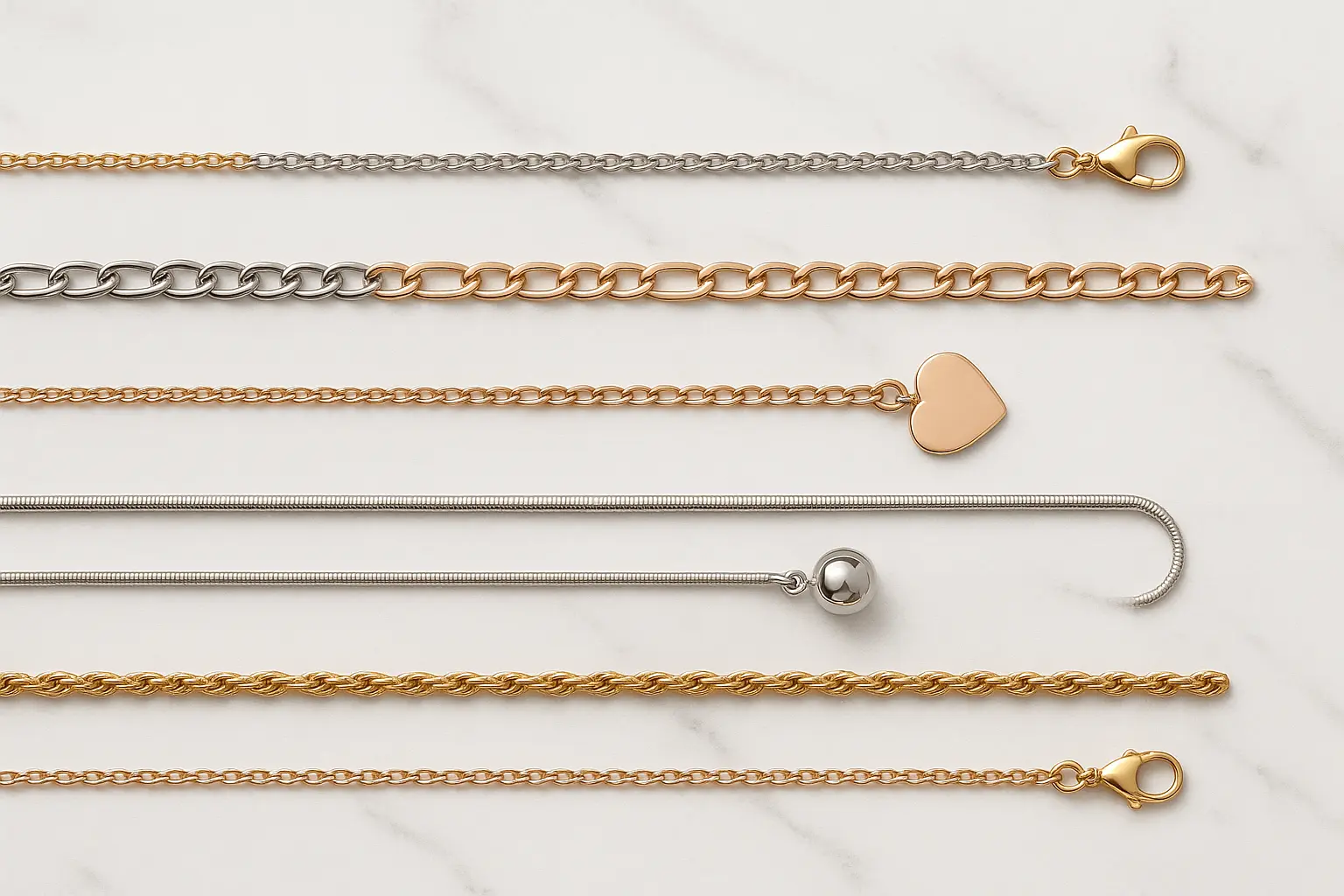 Various jewelry chain types including cable, curb, figaro, snake, box, and rope chains in different metals