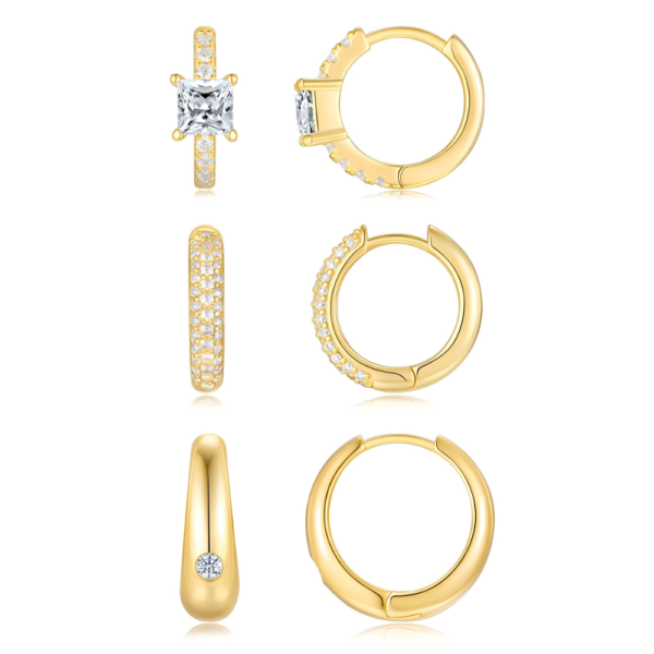 The Trio Gold Plated Silver Moissanite Huggie Hoop Earring Set