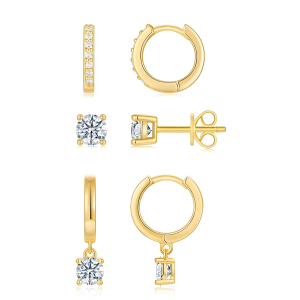 Mixed Cut Gold Plated Silver Moissanite Huggie Hoop Earring Set