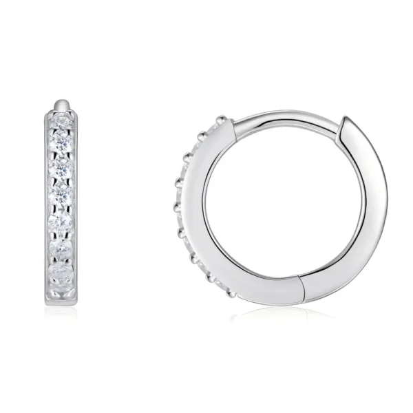 Shared Prong Moissanite Silver Huggie Hoop Earring