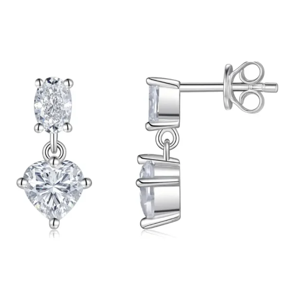Two-Stone Oval and Heart Cut Moissanite Silver Drop Earring