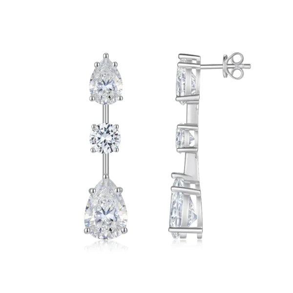 Three-Stone Pear and Round Cut Moissanite Drop Earring