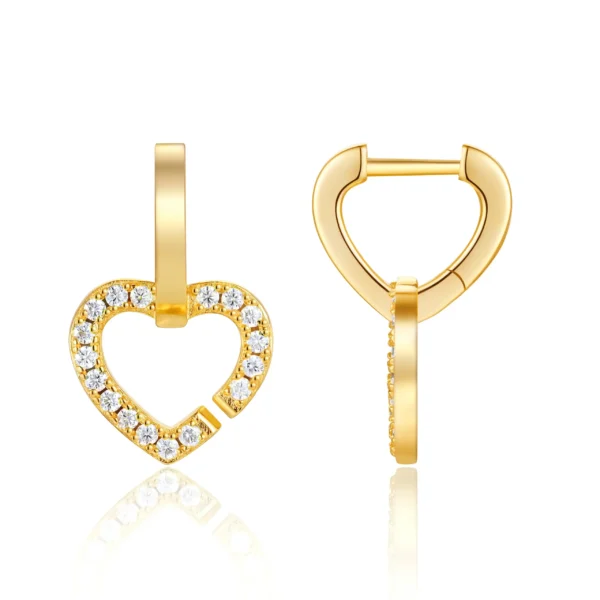 Pave Open Heart Dangle Gold Plated Silver Moissanite Huggie Earring