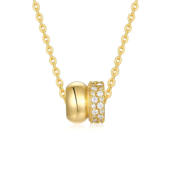 Pavé & Polished Double Ring Moissanite Gold Plated Silver Pendant Necklace