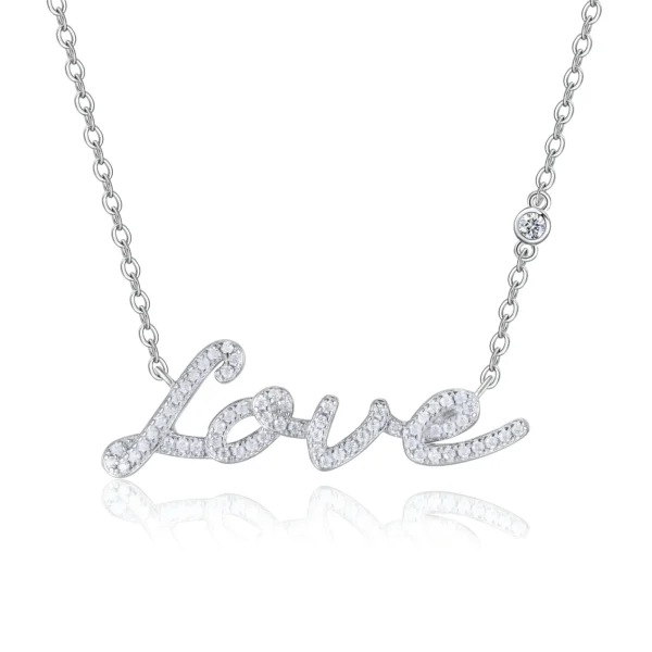 Pave Love Script Moissanite Silver Necklace with Bezel Accent