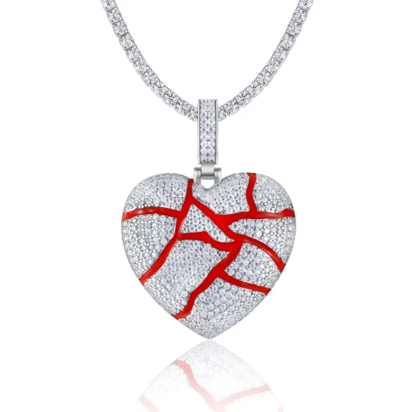 Iced Out Red Enamel Broken Heart Moissanite Pendant with Tennis Chain