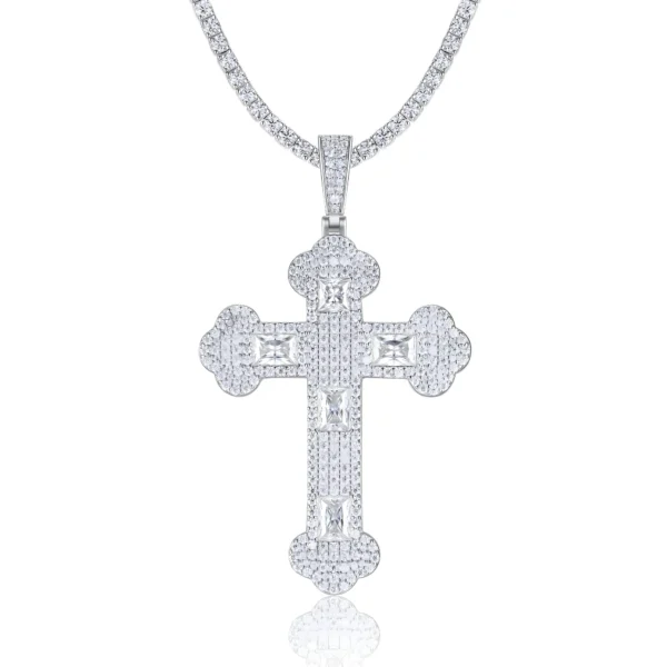 Iced Out Mixed Cut Budded Cross Moissanite Pendant with Tennis Chain