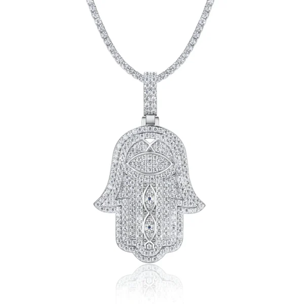 Iced Out Hamsa Hand with Evil Eye Moissanite Pendant with Tennis Chain