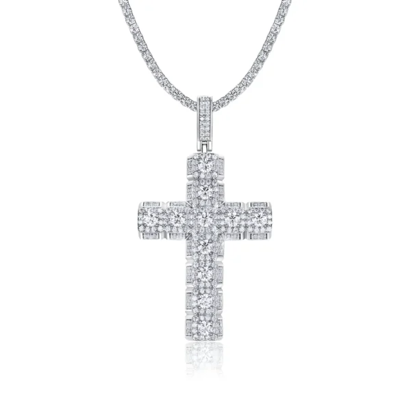 Iced Out Segmented Block Cross Moissanite Pendant with Tennis Chain
