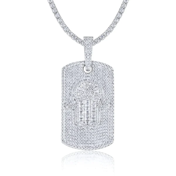 Iced Out Baguette Hamsa Hand Moissanite Dog Tag Pendant with Tennis Chain