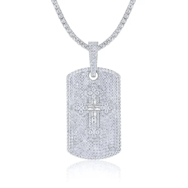 Iced Out Baguette Cross Moissanite Dog Tag Pendant with Tennis Chain