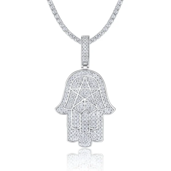 Iced Out Pentagram Hamsa Moissanite Pendant with Tennis Chain