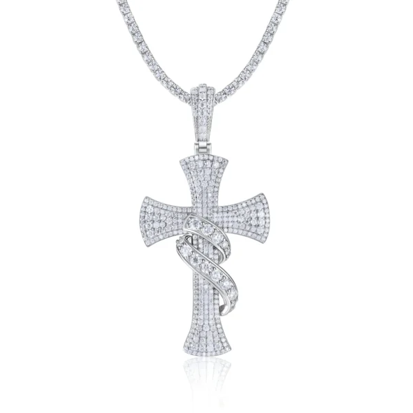 Iced Out Ribbon Wrapped Cross Moissanite Pendant with Tennis Chain