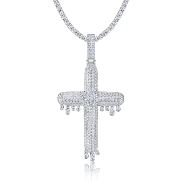 Iced Out Dripping Cross Moissanite Pendant with Tennis Chain