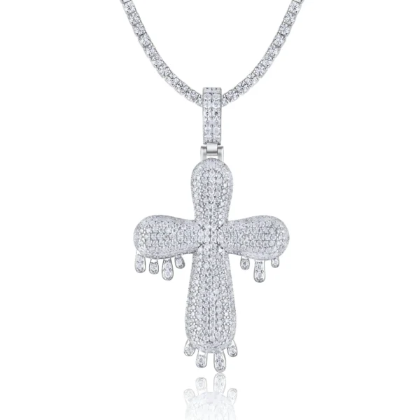 Iced Out Puffy Drip Cross Moissanite Pendant with Tennis Chain