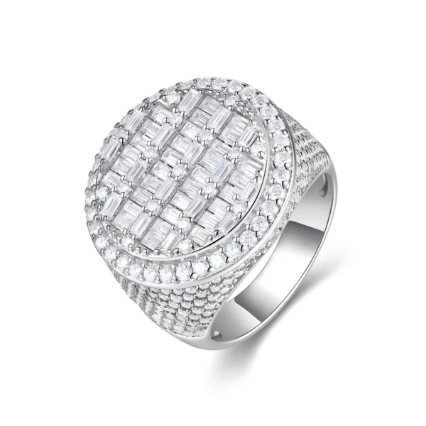 Iced Out Baguette Mosaic Moissanite Statement Silver Ring