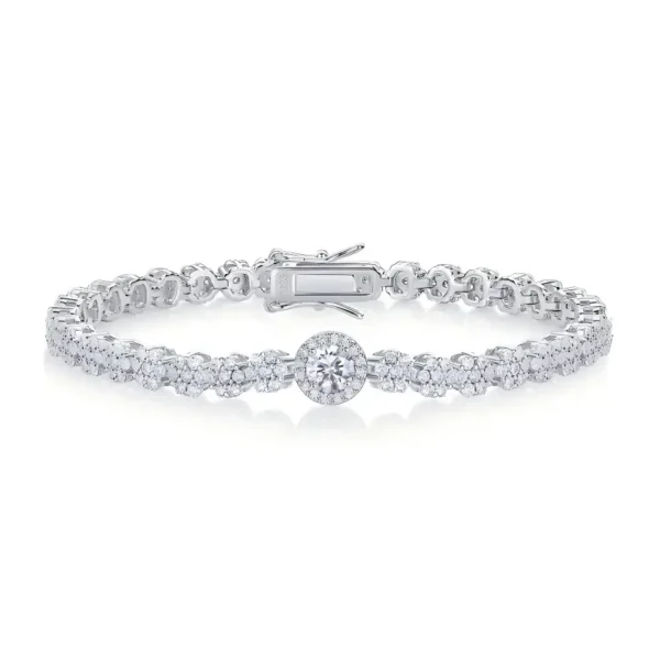 Center Halo Cluster Round Cut Moissanite Silver Tennis Bracelet