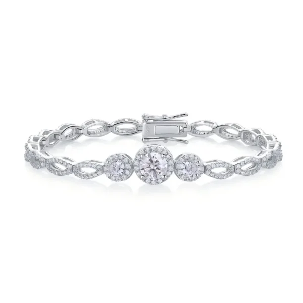 Three-Stone Halo Moissanite Silver Bracelet