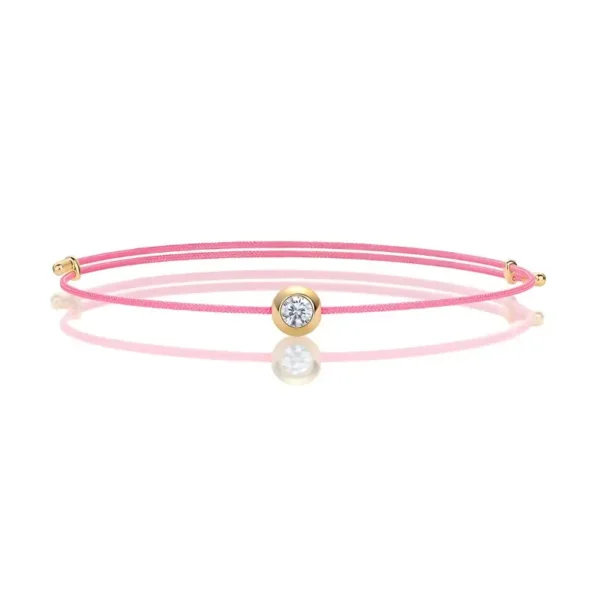 Gold Plated Bezel Set Round Moissanite Bright Pink Cord Bracelet