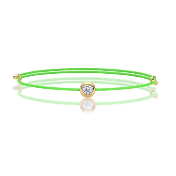 Gold Plated Bezel Set Round Moissanite Neon Green Cord Bracelet