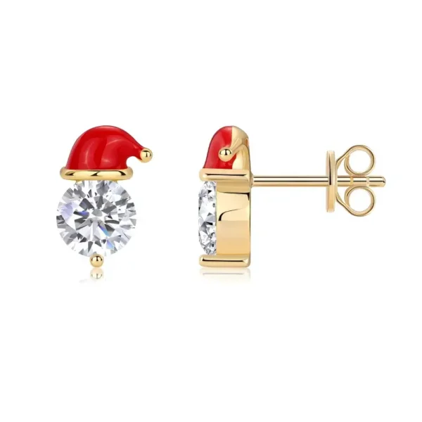 Red Enamel Santa Hat Solitaire Round Moissanite Stud Earrings