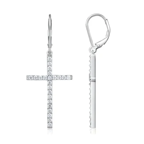 Pavé Set Moissanite Cross Dangle Earrings with Leverback Clasp