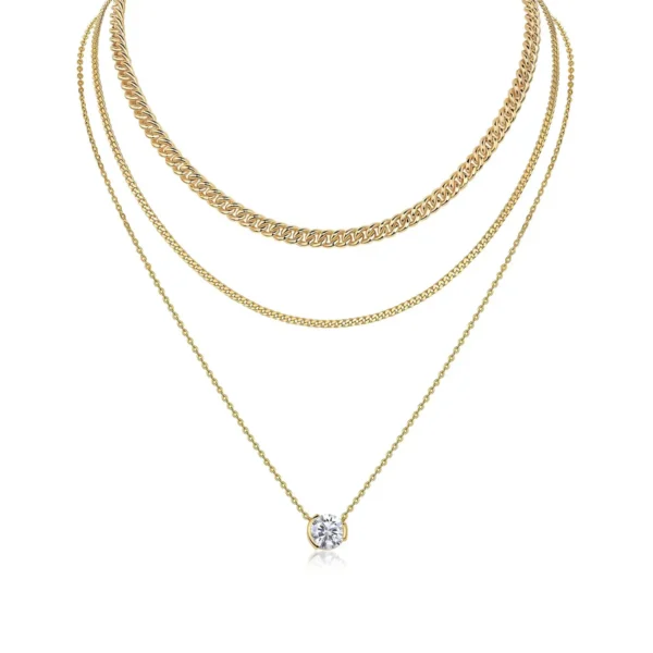 Three-Strand Layered Necklace with Graduated Curb Chains and a Solitaire Moissanite Pendant