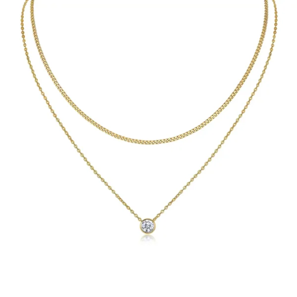 Two-Strand Layered Necklace with Curb Chain and Bezel Set Moissanite Solitaire