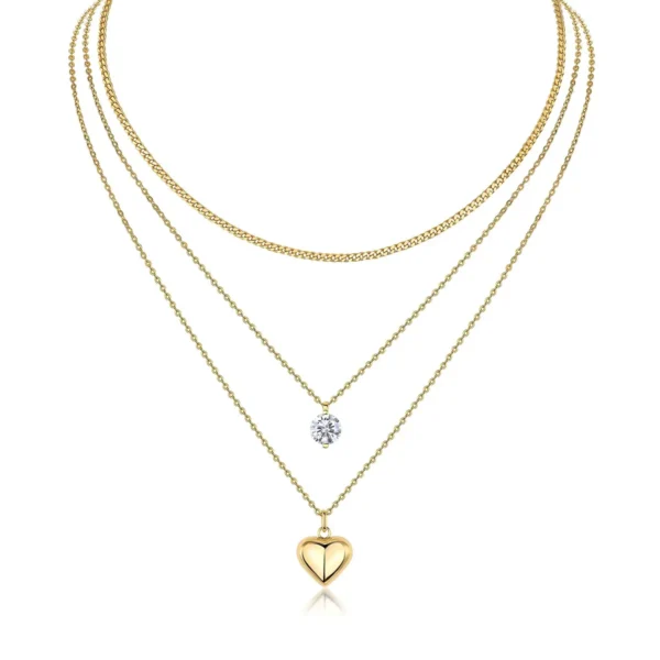 Three-Strand Layered Necklace with Curb Chain, Solitaire Moissanite, and Puffy Heart Pendant