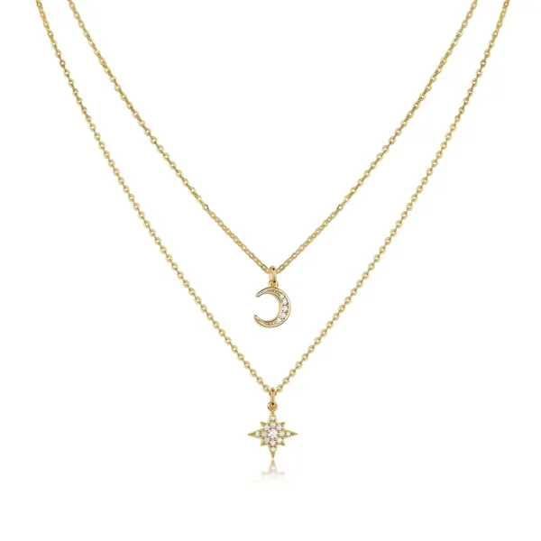 Two-Strand Layered Necklace with Pavé Moissanite Crescent Moon and Star Pendants