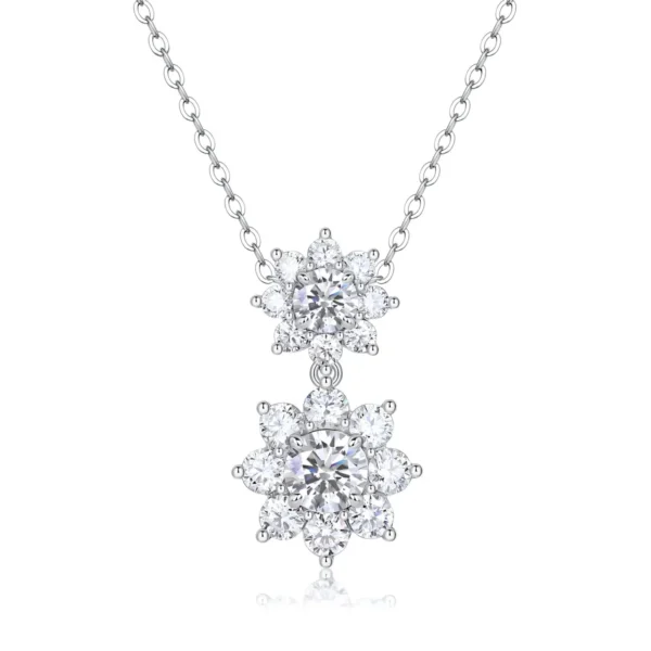 Double Flower Cluster Drop Pendant Necklace with Round and Pear-Shaped Moissanite