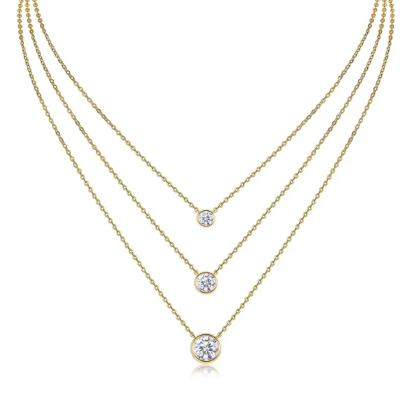 Three-Strand Layered Necklace with Graduated Bezel Set Moissanite Solitaires