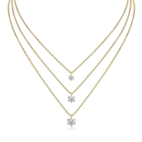 Three-Strand Layered Necklace with Graduated Six-Prong Moissanite Solitaires
