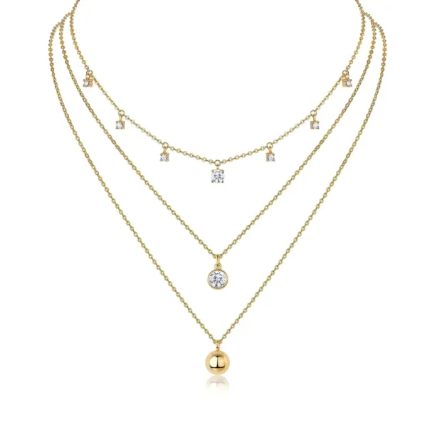 Three-Strand Layered Necklace with Moissanite Station Chain, Bezel Solitaire, and Ball Pendant