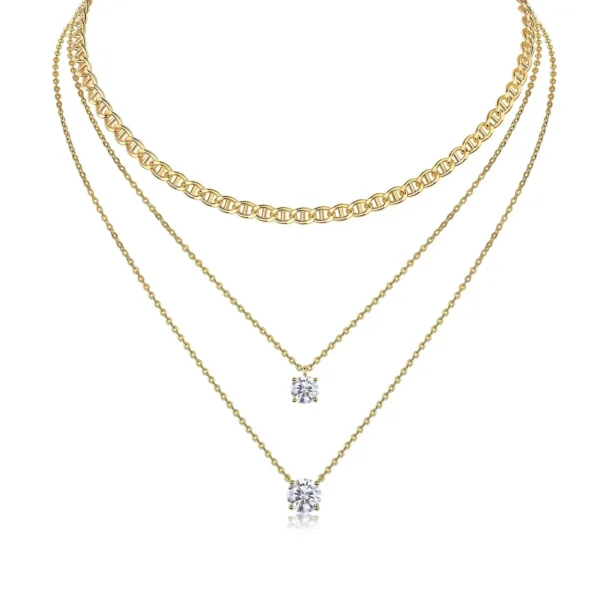 Three-Strand Layered Moissanite Necklace with Mariner Chain and Dual Solitaire Pendants