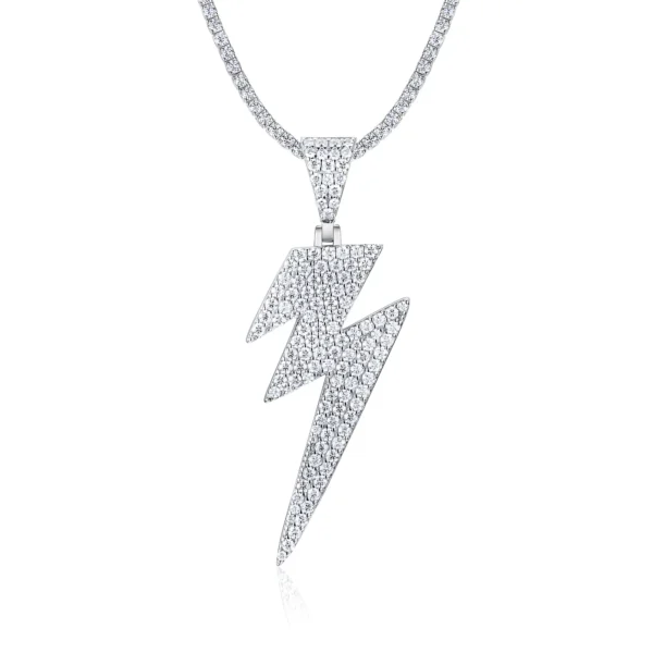 Iced Out Pavé Moissanite Lightning Bolt Pendant with Tennis Chain Necklace