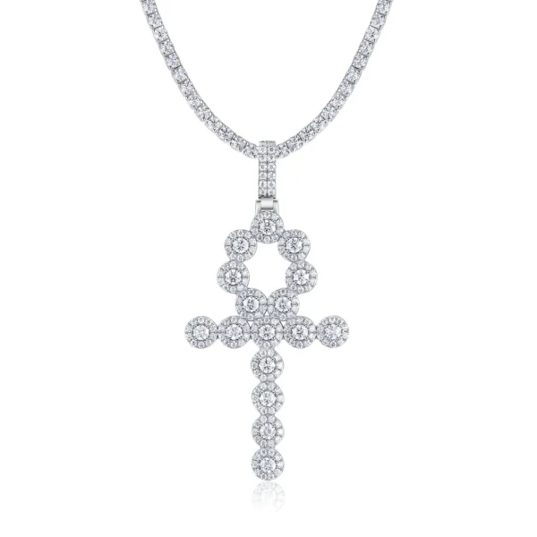 Iced Out Halo Cluster Moissanite Ankh Pendant with Tennis Chain Necklace