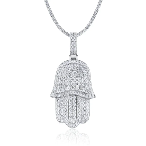 Iced Out Pavé Moissanite Hamsa Hand Pendant with Tennis Chain Necklace