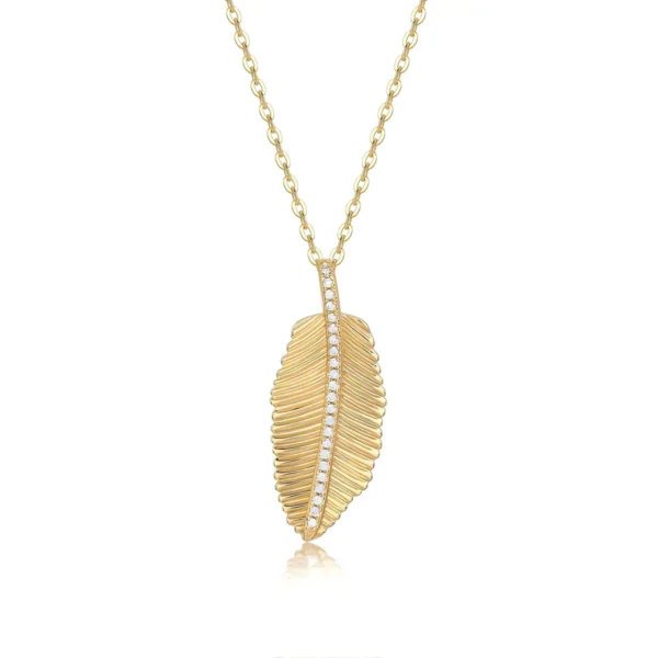 Textured Feather Pendant Necklace with Pavé Moissanite Spine