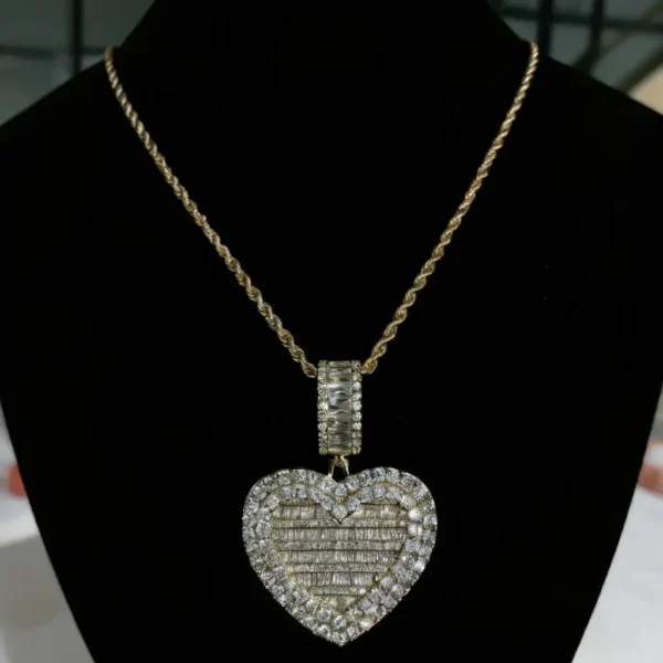 Baguette & Round Cut Iced Heart Moissanite Pendant Necklace
