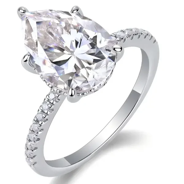 Pear Shape Moissanite Solitaire Engagement Ring with Pavé Band