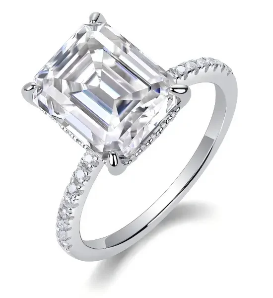 Emerald Cut Moissanite Solitaire Engagement Ring with Pavé Band and Hidden Halo