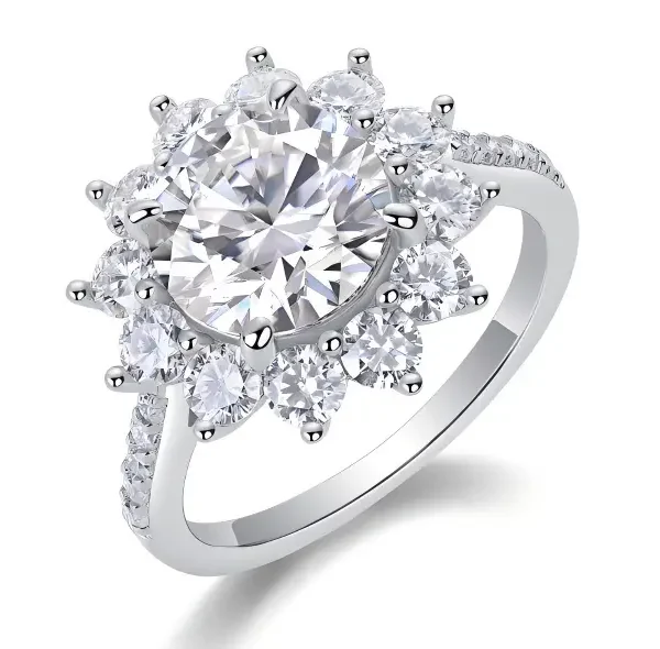 Round Cut Moissanite Sunburst Halo Engagement Ring with Pavé Band