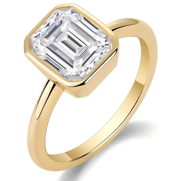 Bezel Set Emerald Cut Moissanite Solitaire Engagement Ring
