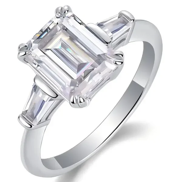 Three-Stone Moissanite Engagement Ring with Emerald Cut Center