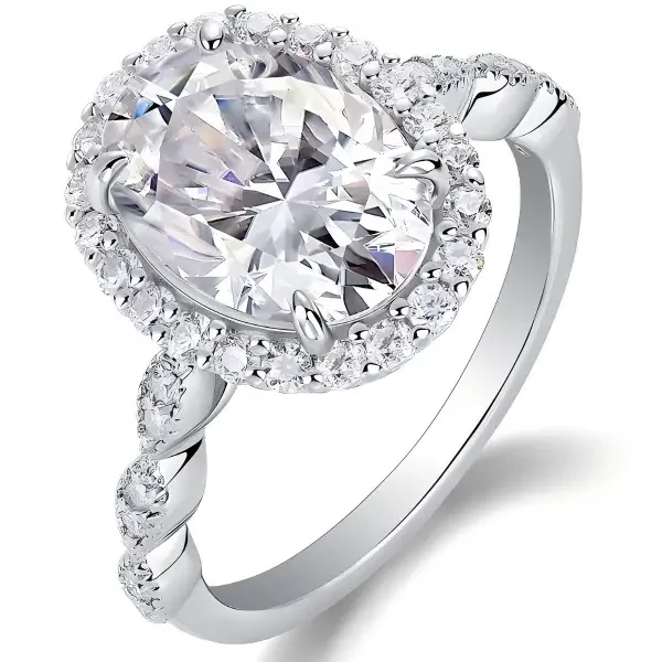Oval Cut Moissanite Halo Engagement Ring with Twisted Pavé Band