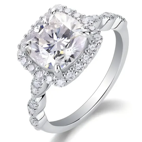 Cushion Cut Moissanite Halo Engagement Ring with Twisted Pavé Band